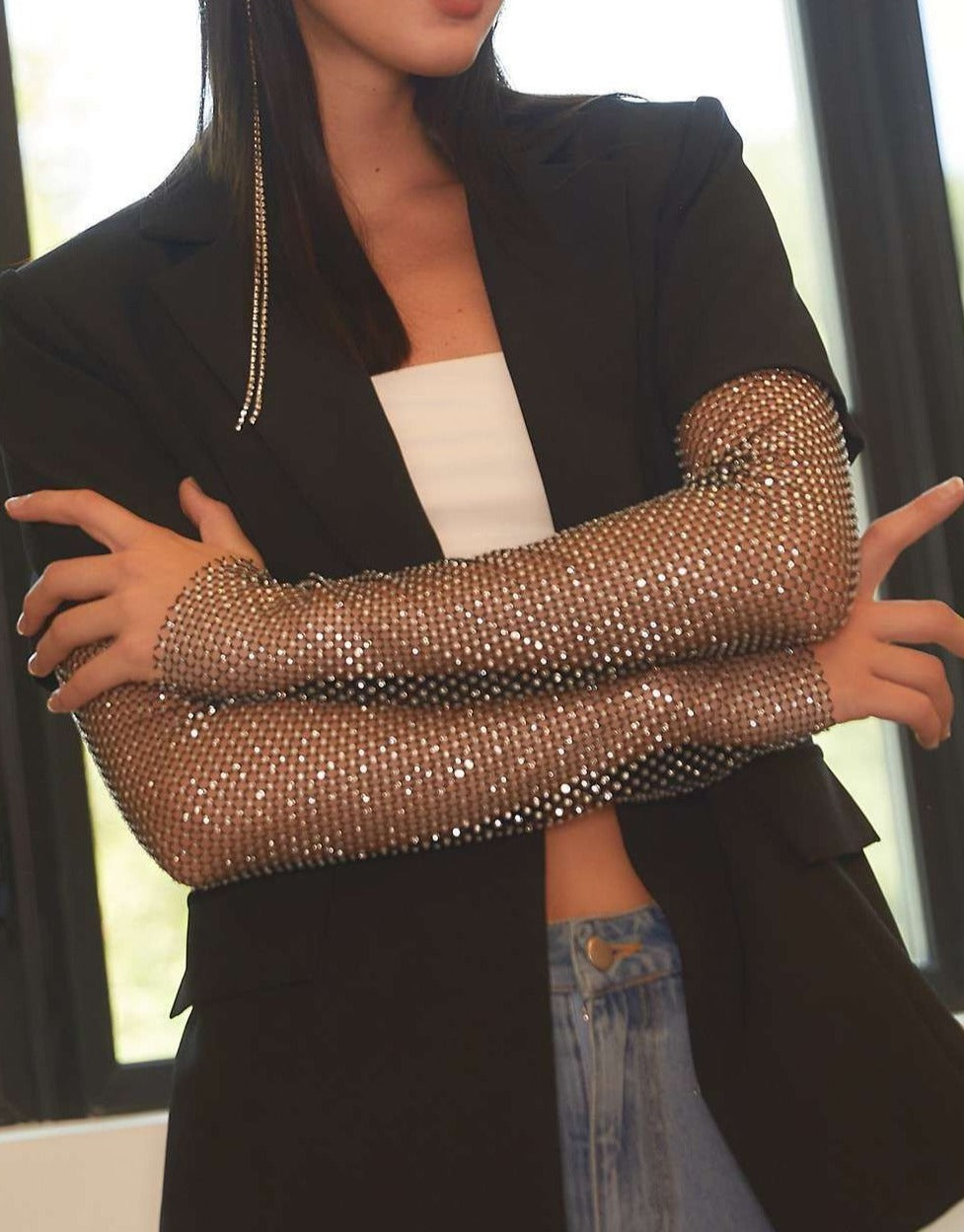 Embellished Fishnet Blazer - Black