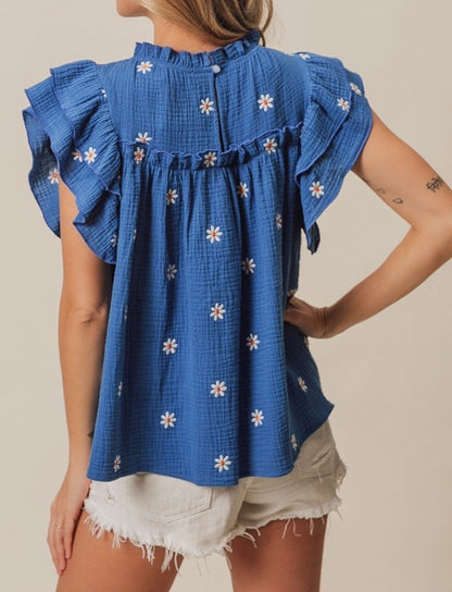 Blue Gauze Top With Daisy Embroidery