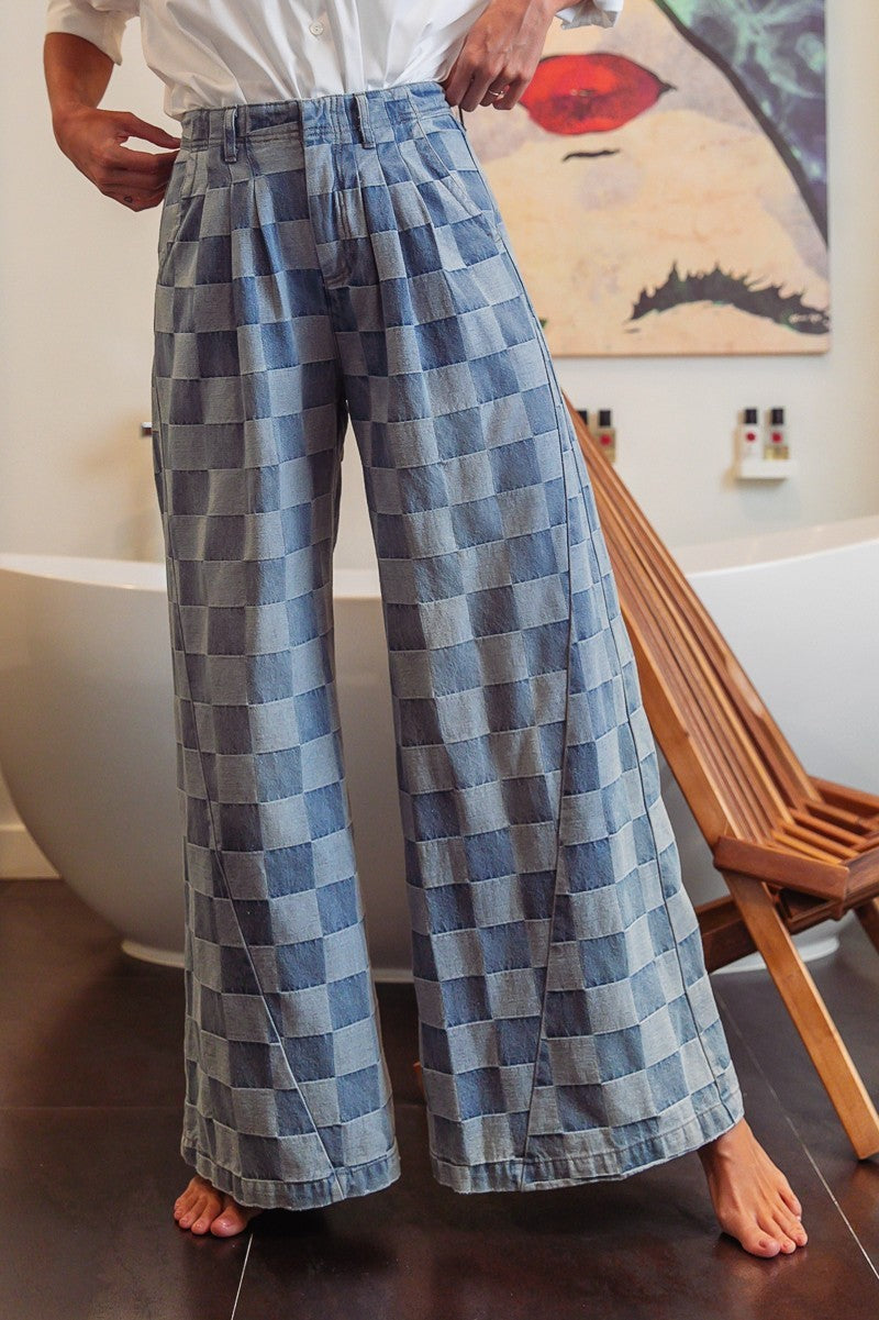 WASHED TWO TONE CHECKER WIDE PANTS