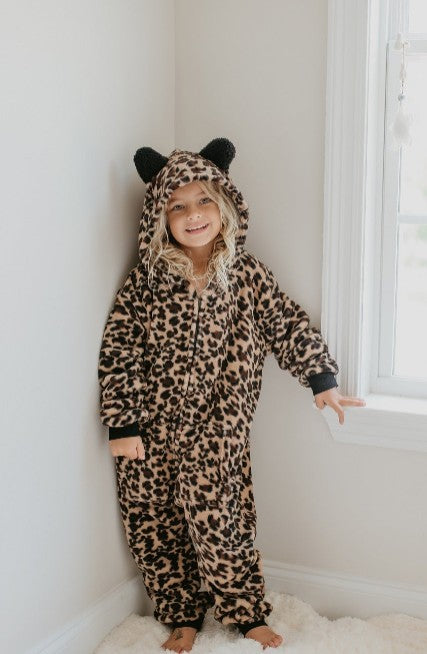 Kids Fuzzy Fur Leopard Onesie Critter Ears