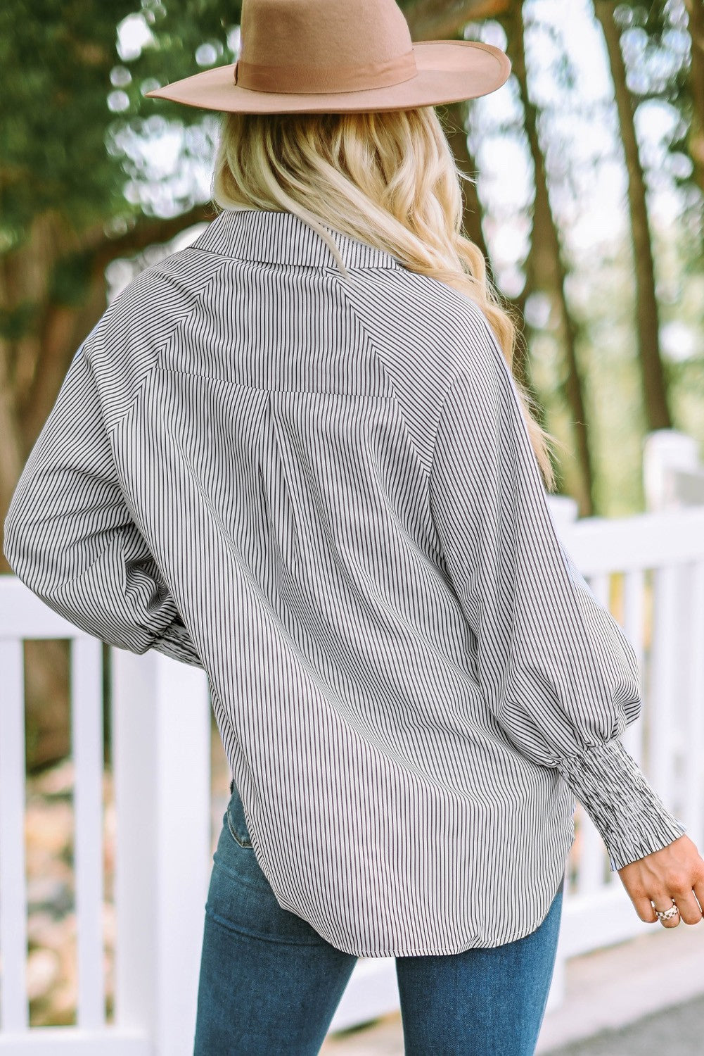 Smocked Cuffed Striped Boyfriend Shirt