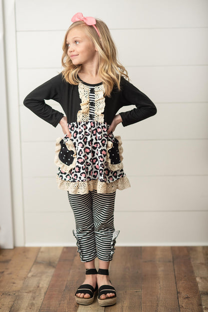 Kids Black Stripe Leopard Pocket Ruffle Set