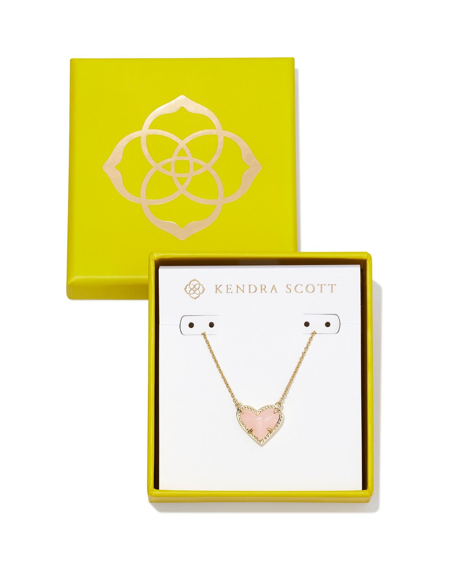 Boxed Ari Heart Gold Pendant Necklace in Rose Quartz