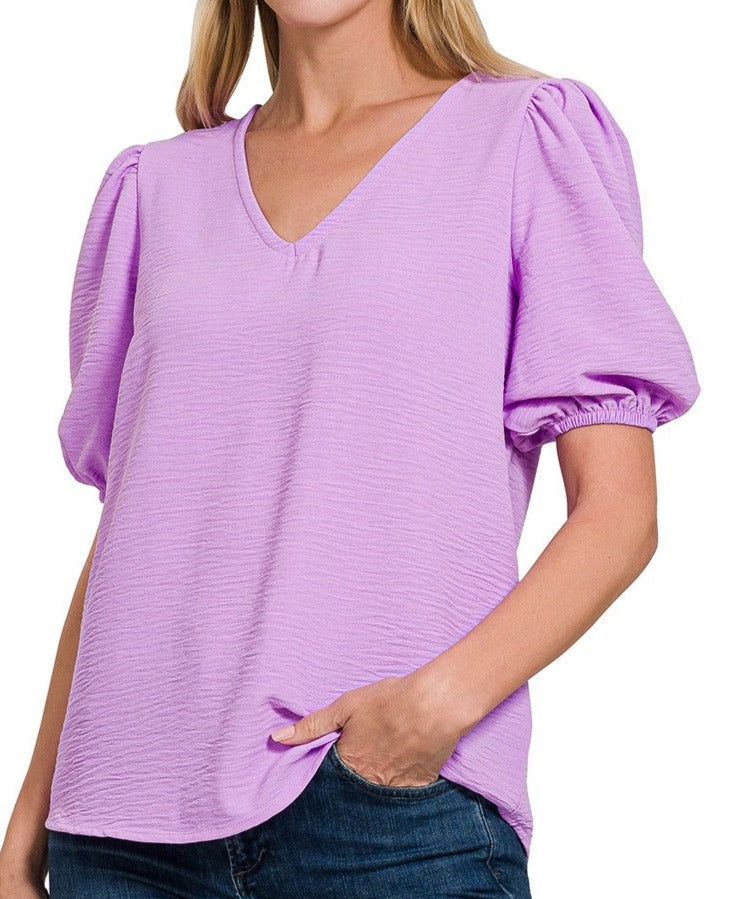 V-Neck Top With Puff Sleeves - Brazos Avenue Market 
