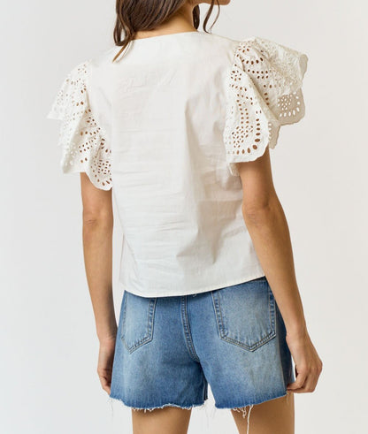 Cotton Eyelet Ruffle Sleeve V-Neck Top