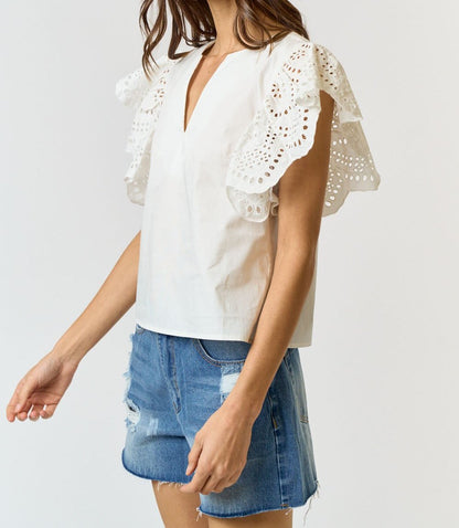 Cotton Eyelet Ruffle Sleeve V-Neck Top