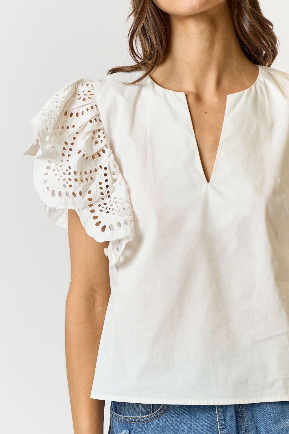 Cotton Eyelet Ruffle Sleeve V-Neck Top