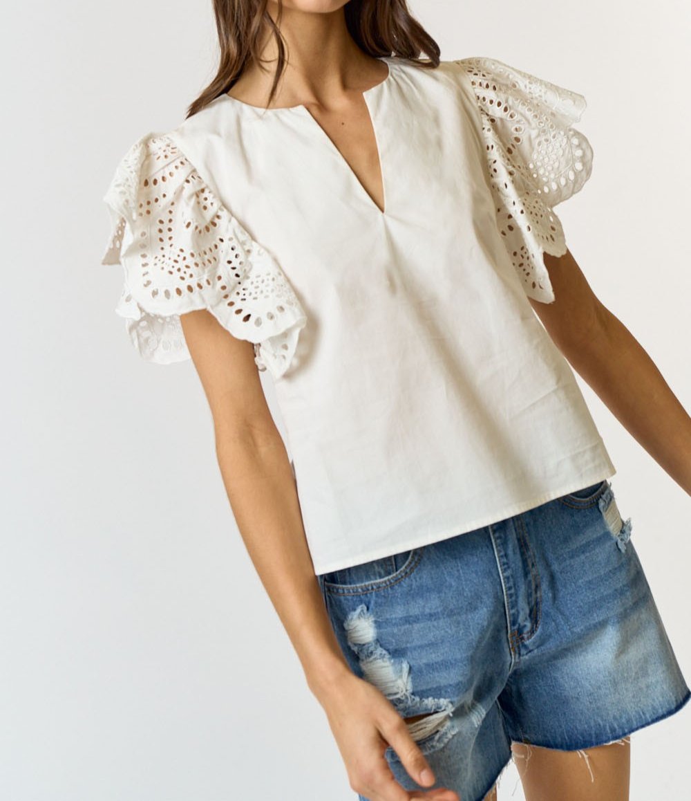 Cotton Eyelet Ruffle Sleeve V-Neck Top