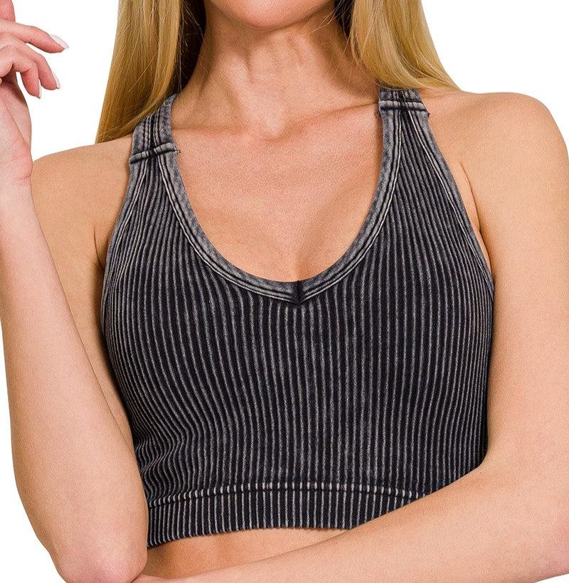 Washed Ribbed Padded Cropped Racerback Tank Top