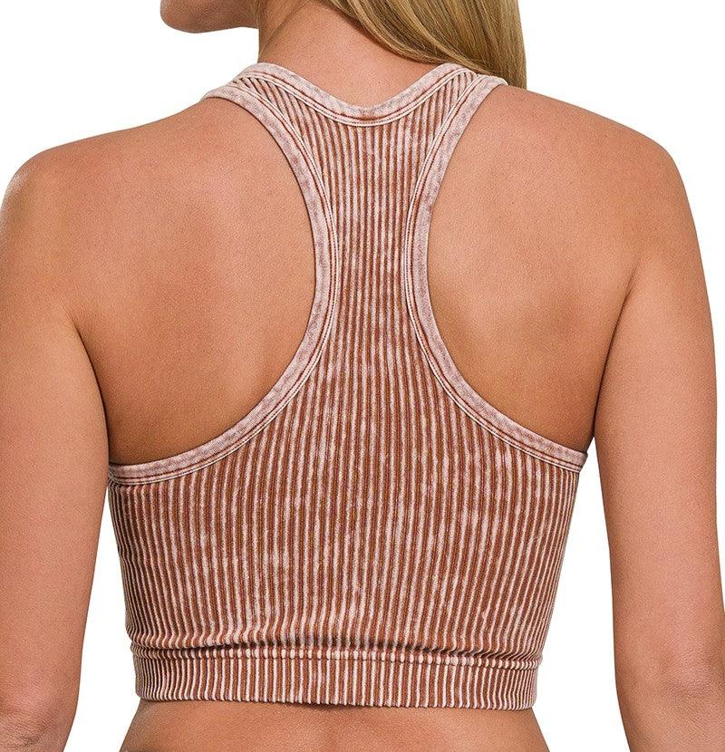 Washed Ribbed Padded Cropped Racerback Tank Top