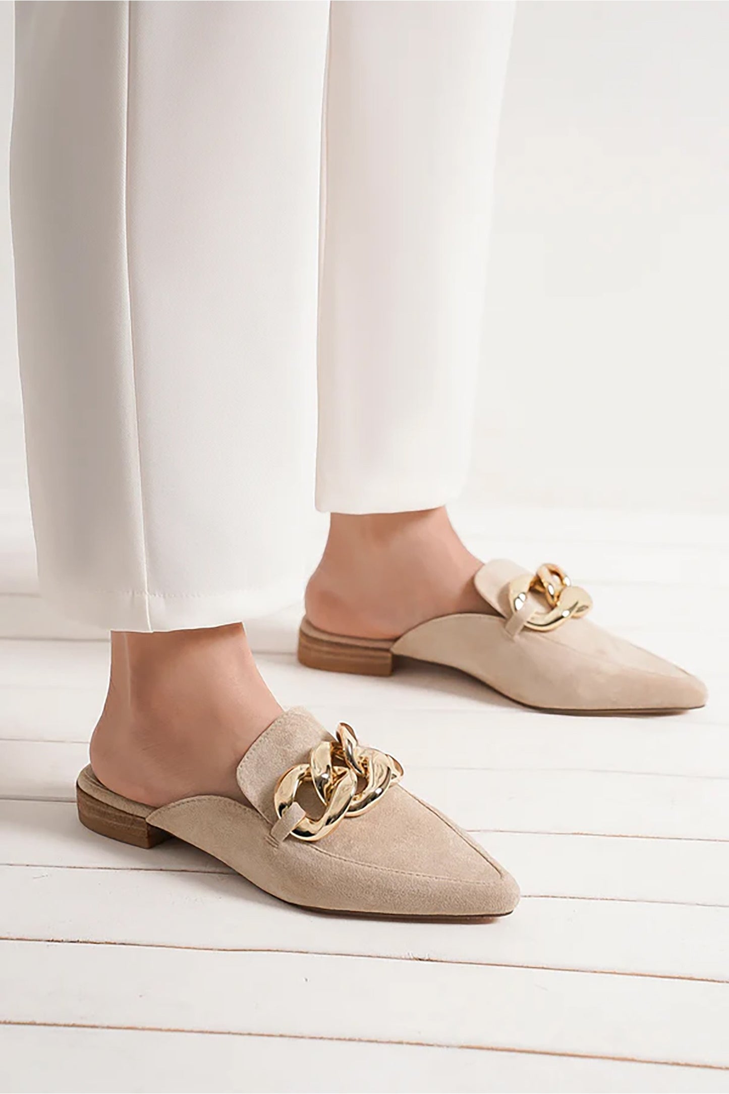 Taupe Mules With Gold Chain