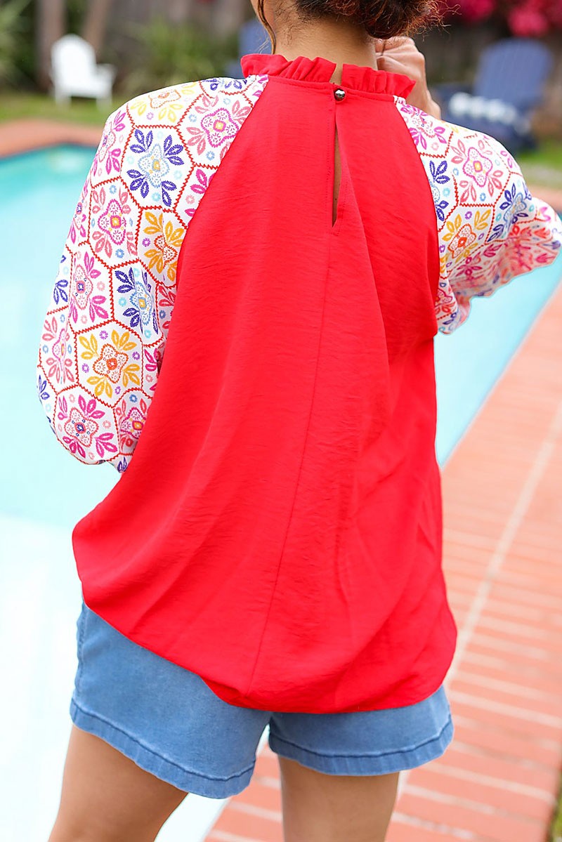 Color Block Top With Floral Sleeves - Brazos Avenue Market 