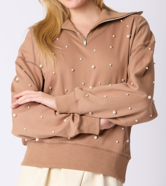 Pearl Embellished Half Zip Pullover Sweatshirt