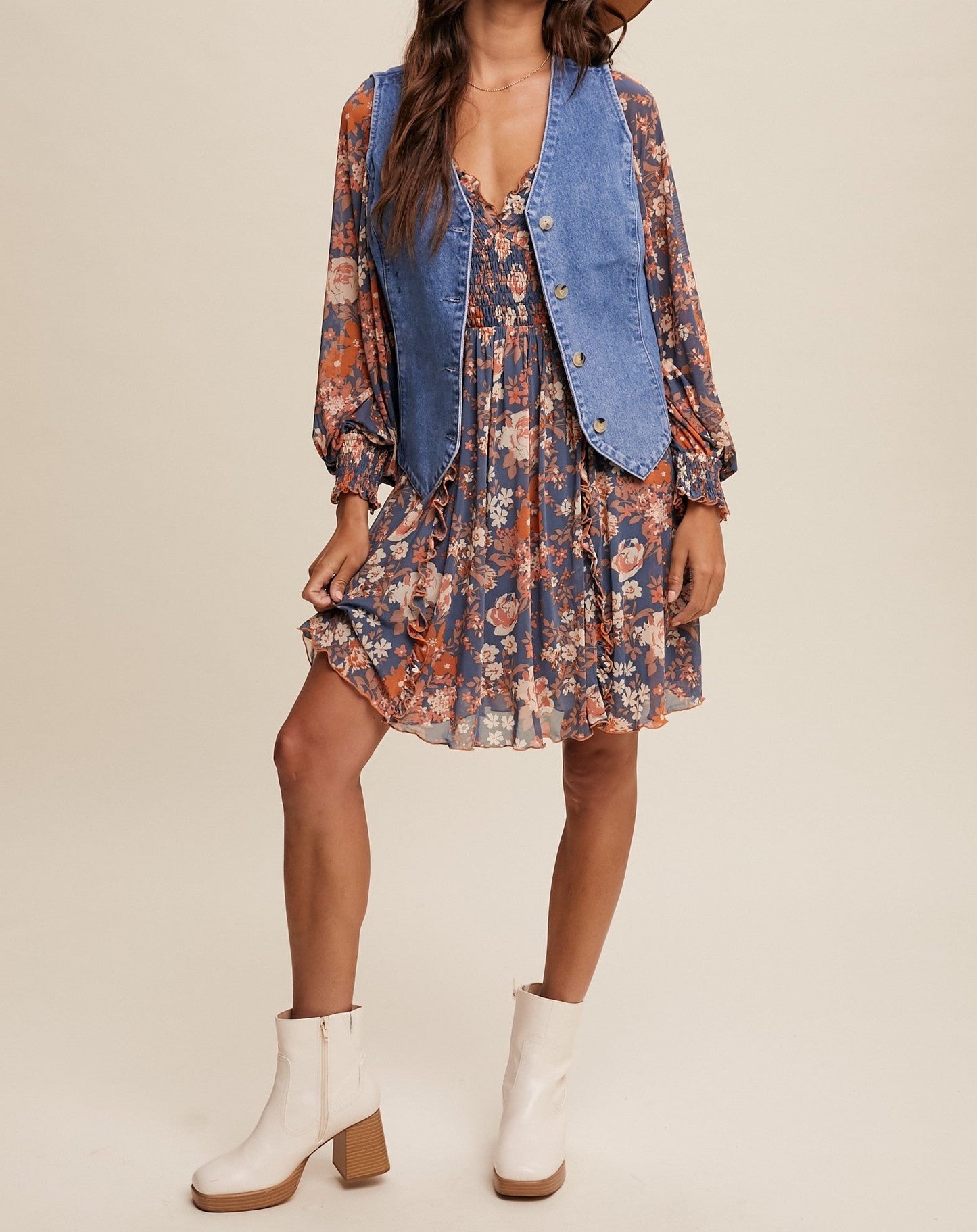 Floral Print Mesh Smocked Long sleeve Dress