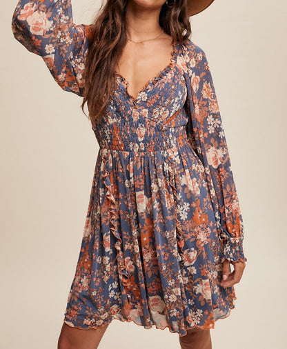 Floral Print Mesh Smocked Long sleeve Dress