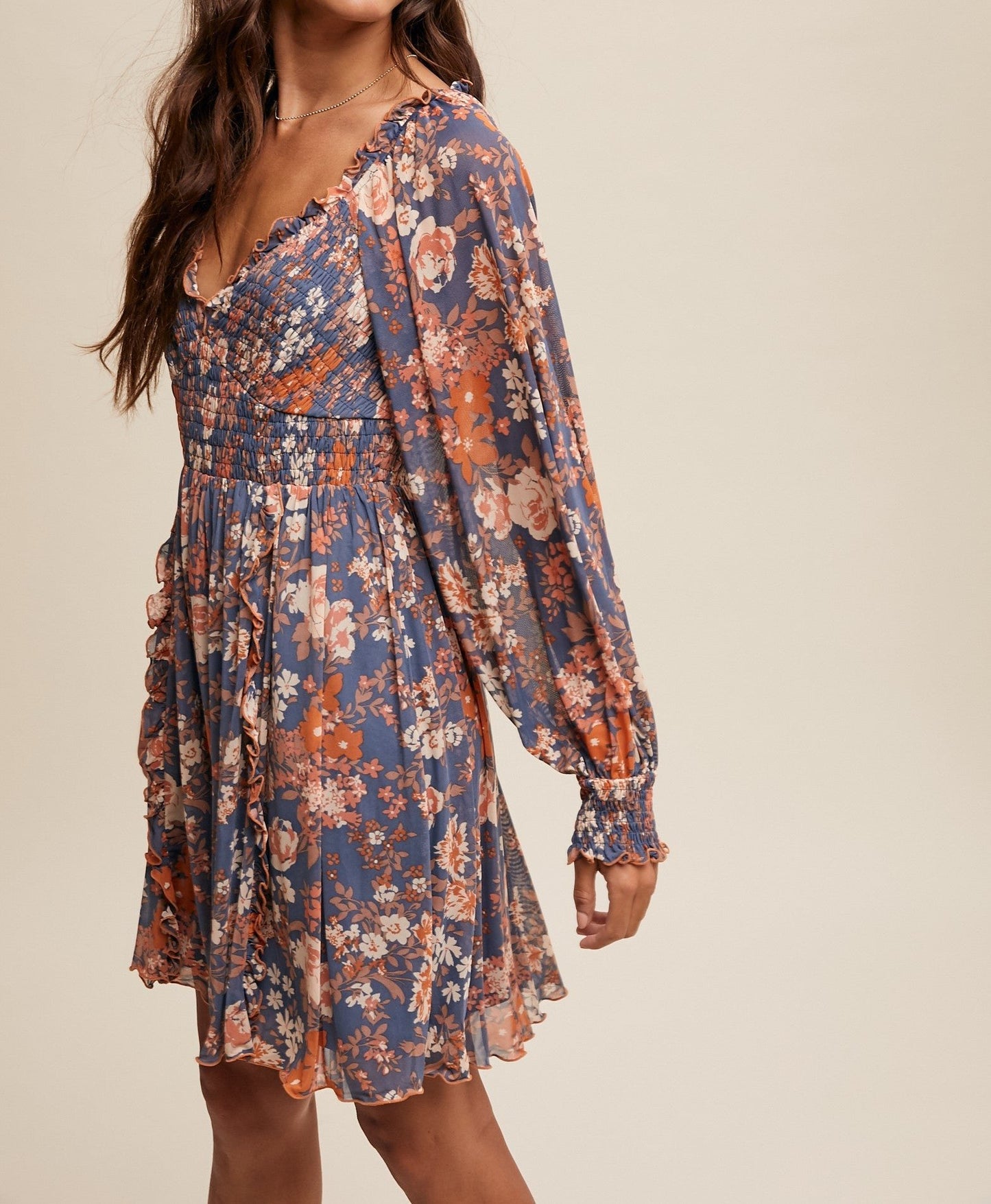 Floral Print Mesh Smocked Long sleeve Dress