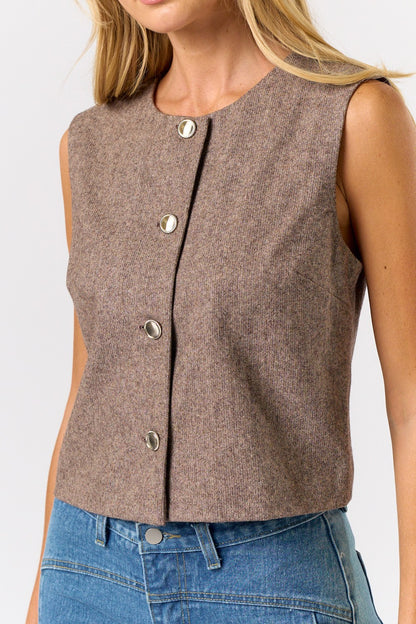 Wool Blend Button Up Sleeveless Vest Top