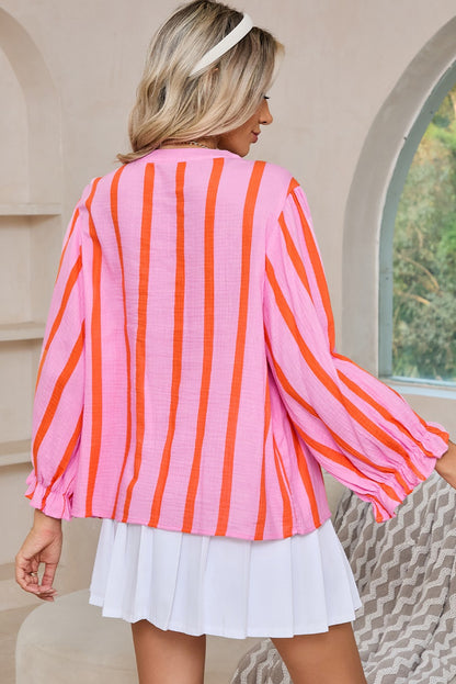 Stripe Textured Ruffled Sleeve Loose Shirt