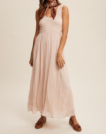 Textured Smocked Tank Sleeve Babydoll Maxi Dress