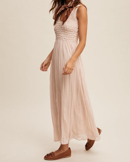 Textured Smocked Tank Sleeve Babydoll Maxi Dress