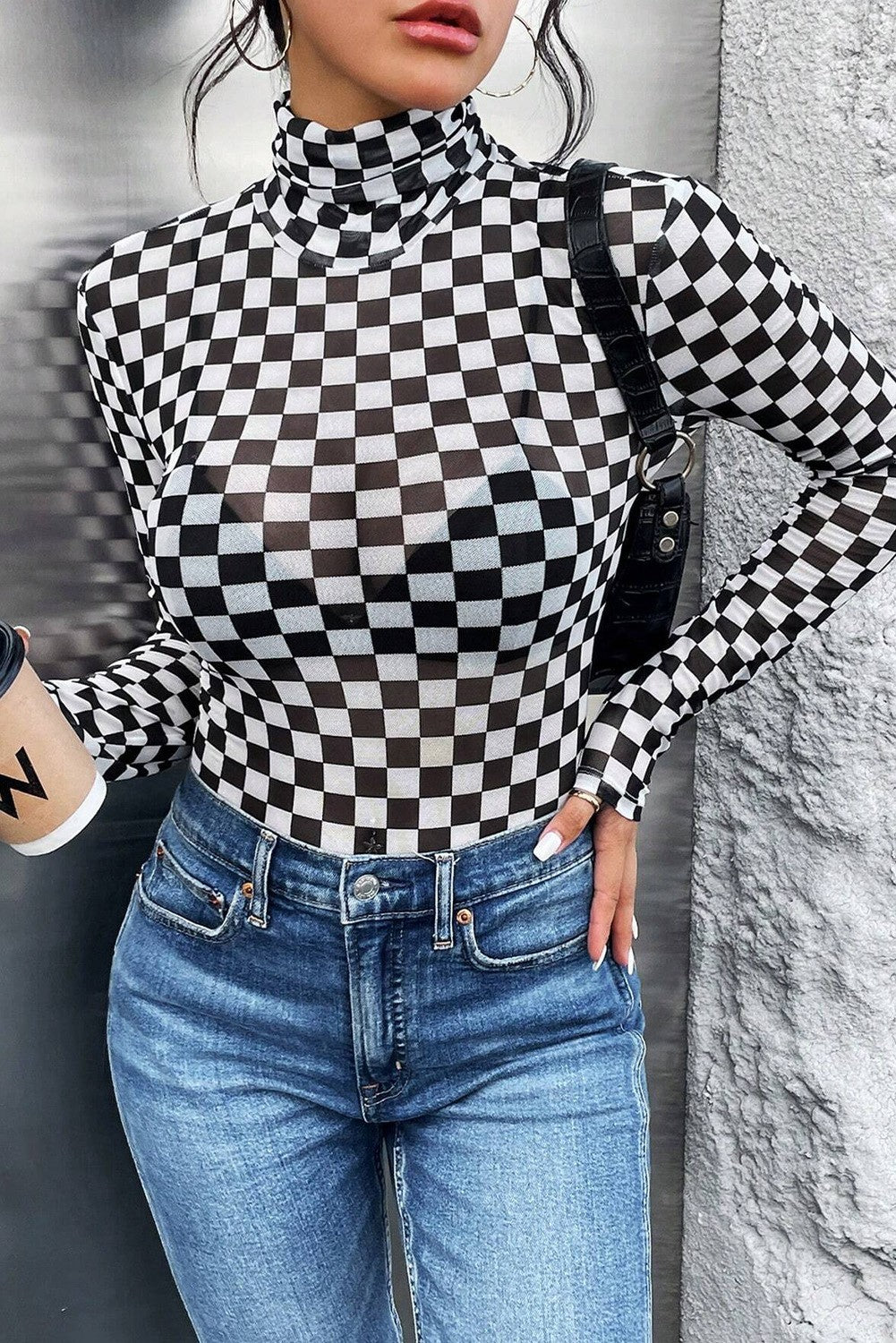 Checkered Print Long Sleeve Mock Neck Bodysuit