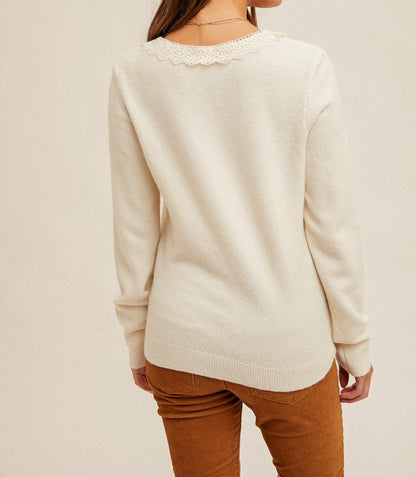 Lace Detail Knit V Neck Sweater