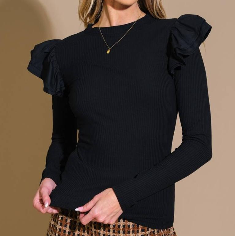 Long Sleeved Ribbed Knit Top With Ruffle Sleeves