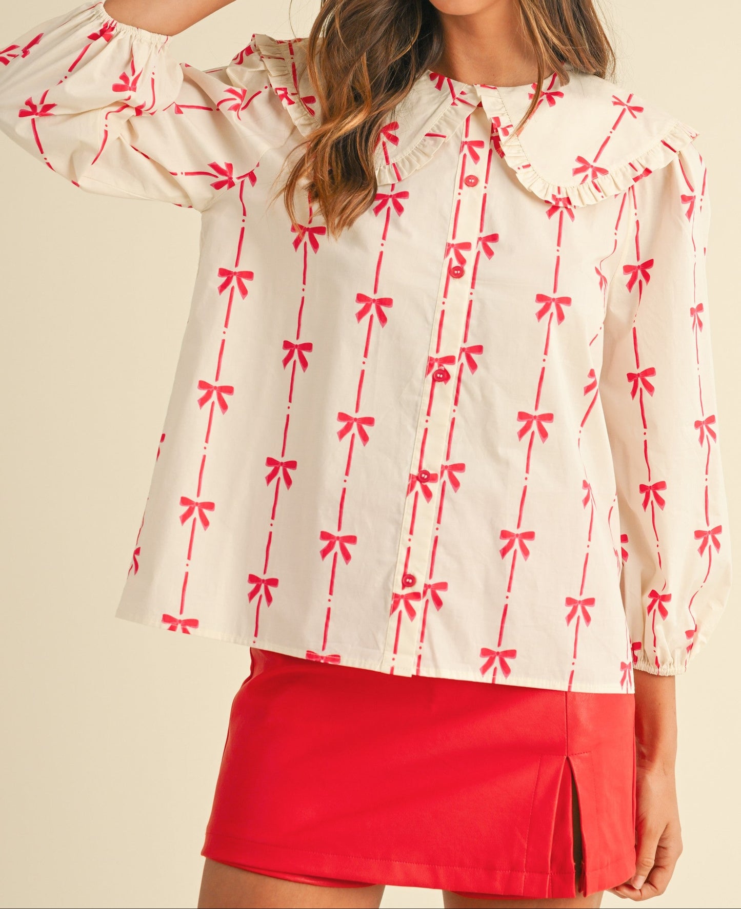 BOW PRINTED POPLIN BIG COLLAR BLOUSE