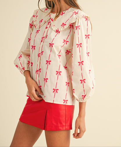 BOW PRINTED POPLIN BIG COLLAR BLOUSE