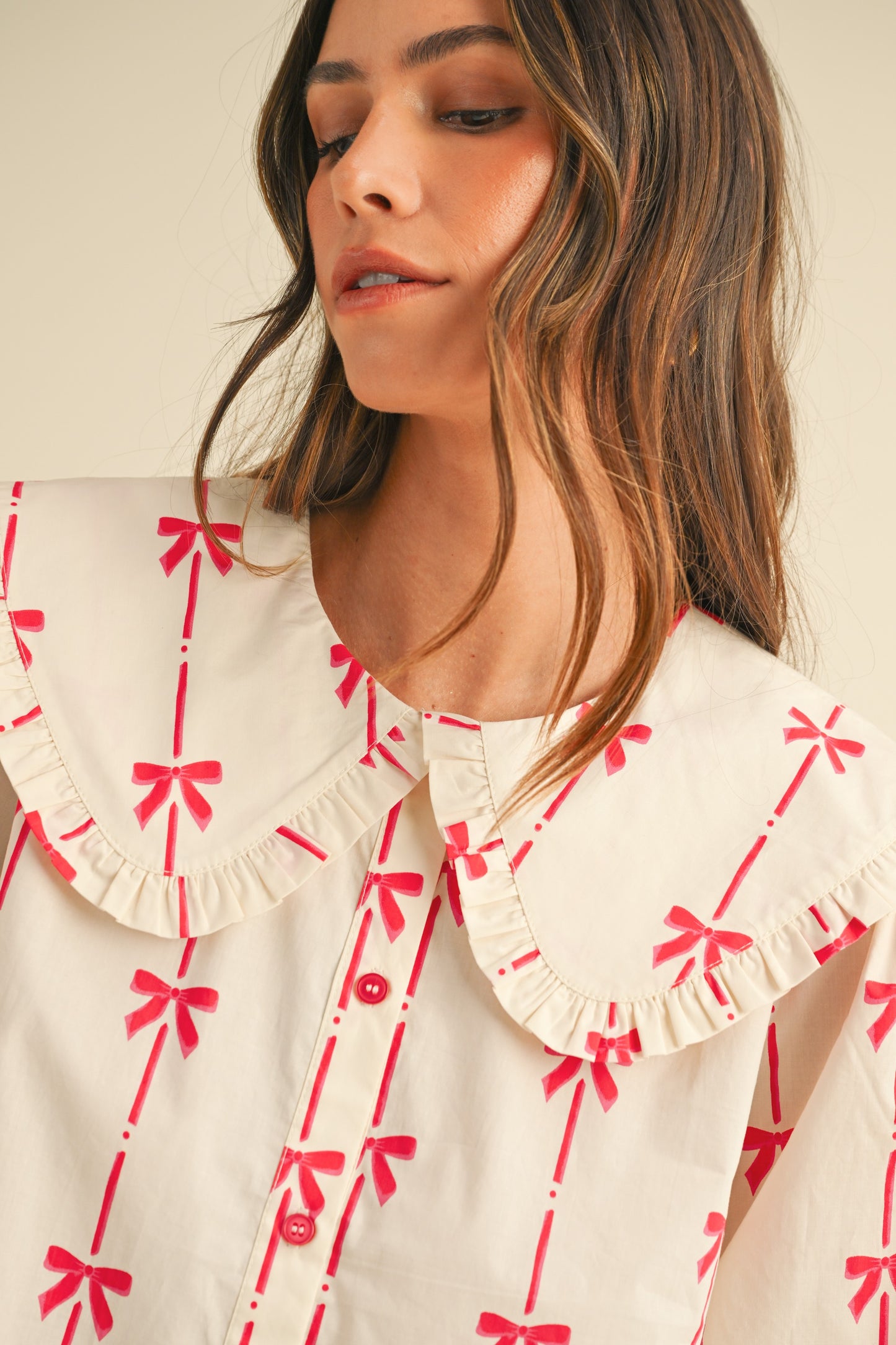 BOW PRINTED POPLIN BIG COLLAR BLOUSE