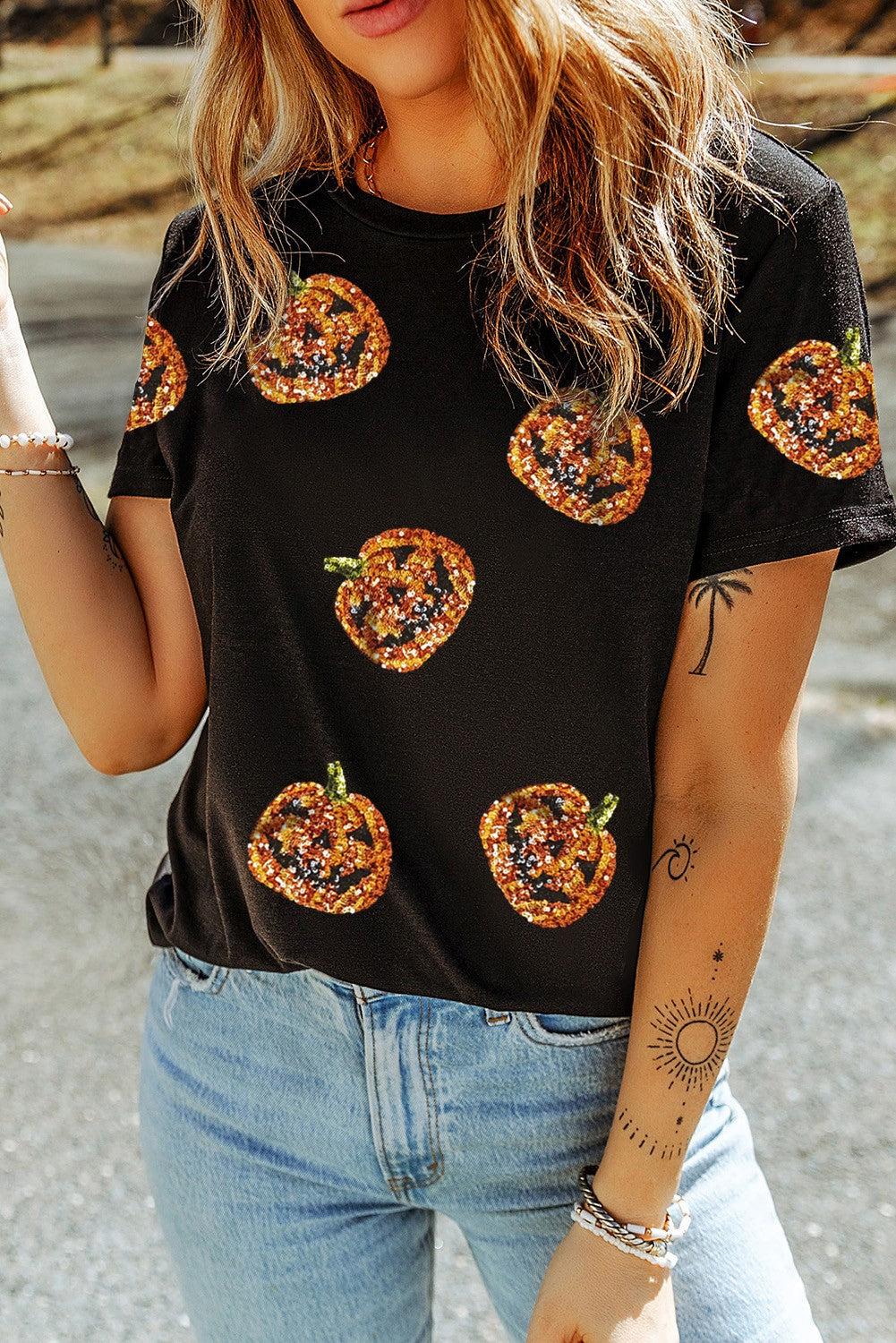 Sequin Pumpkin Face Halloween T Shirt