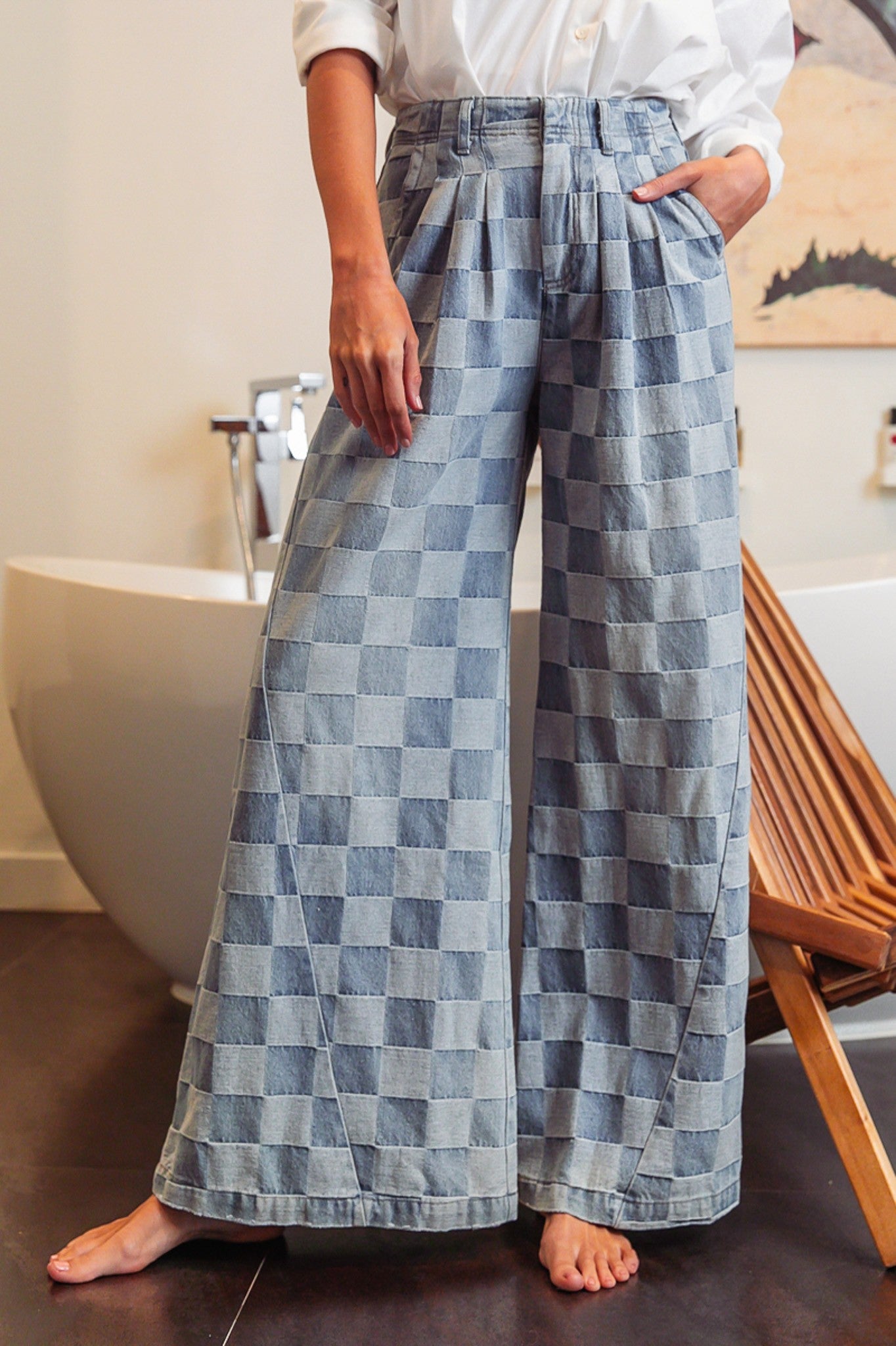 WASHED TWO TONE CHECKER WIDE PANTS