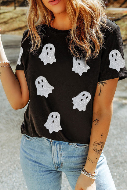 Glitter Ghost Pattern Halloween Graphic T Shirt