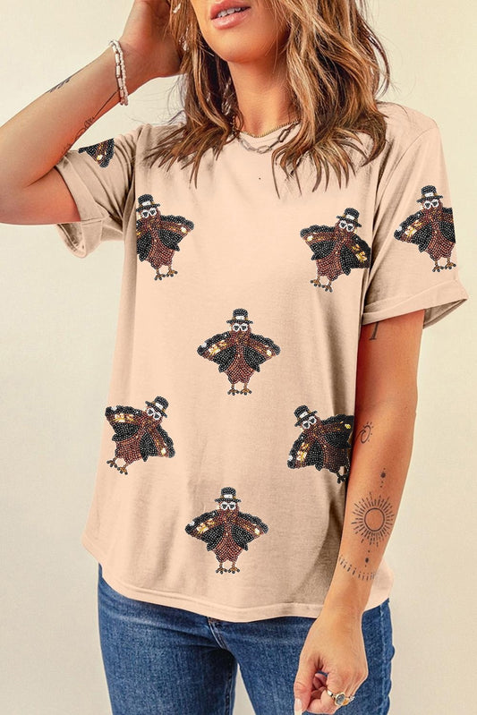 Turkey Sequin Print Round Neck Graphic Tee