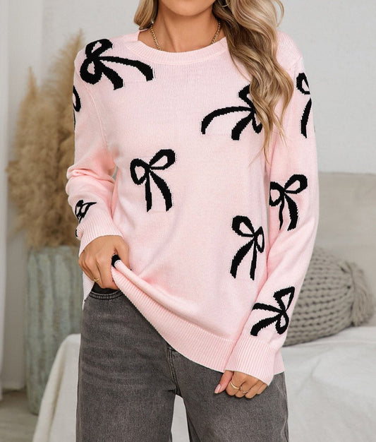 Bow Print Long Sleeve Loose Fit Sweater