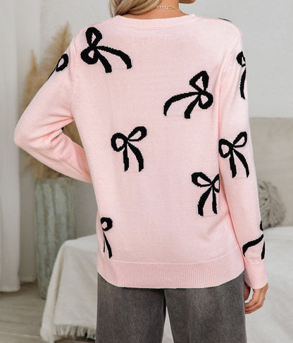 Bow Print Long Sleeve Loose Fit Sweater