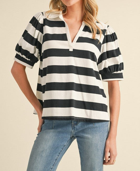 Striped Open Collar Top