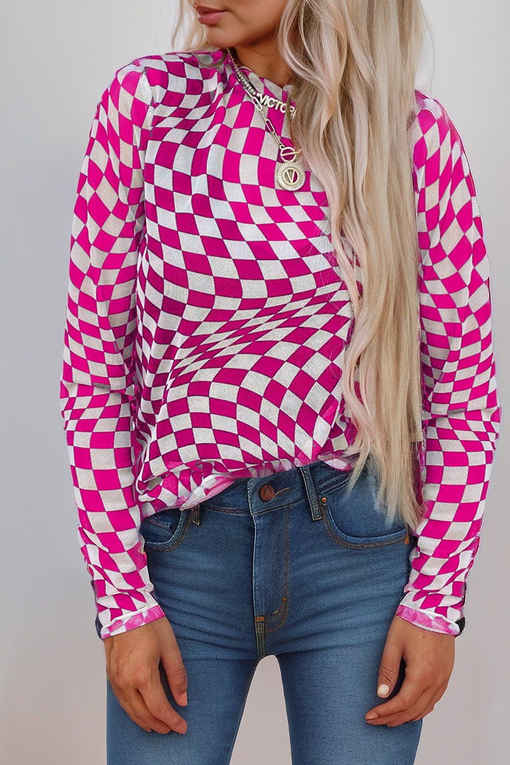 Checkered Mesh Long Sleeve Top