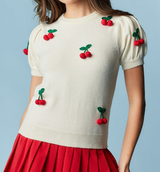 Cherry Trim Puff Short Sleeve Knit top