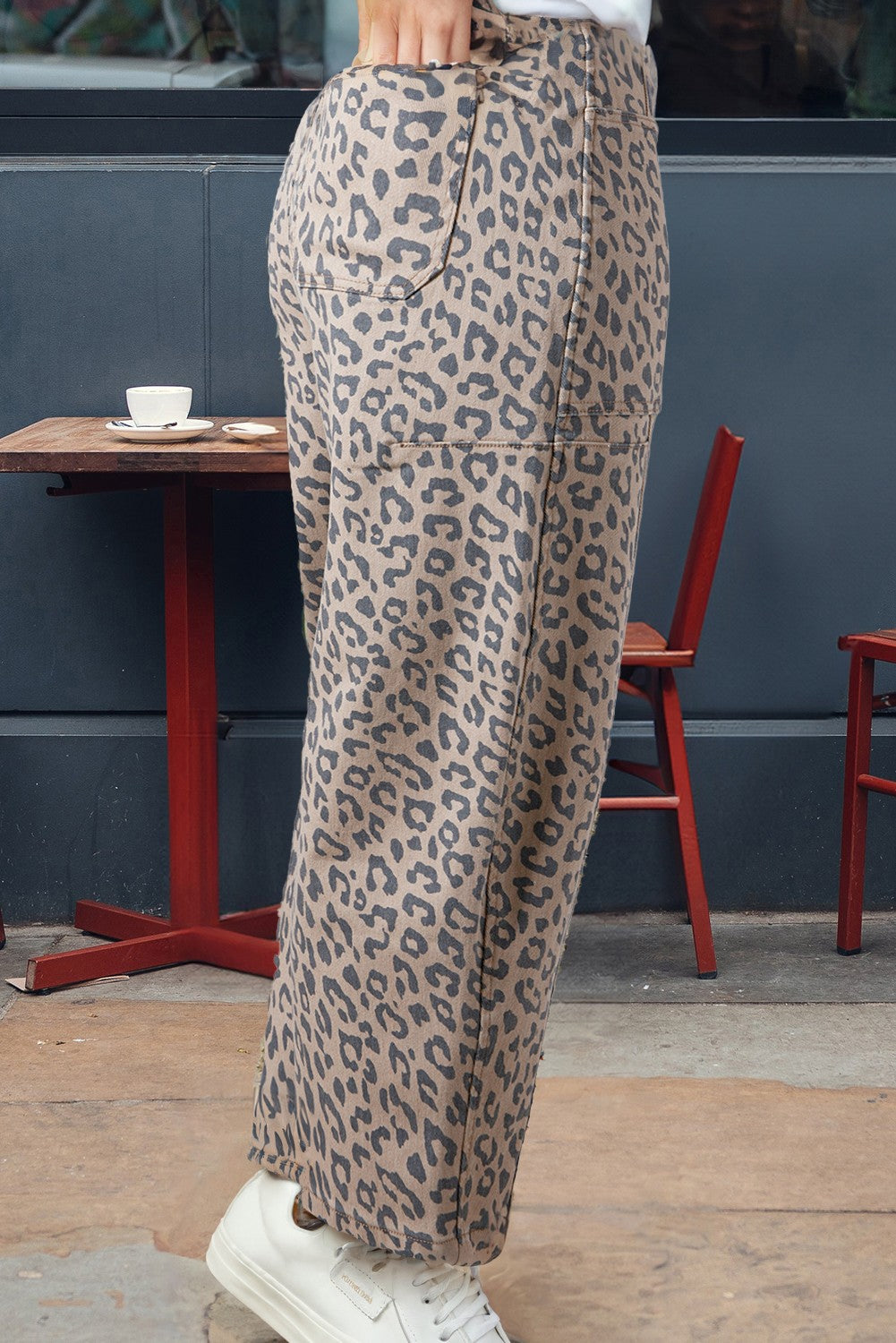 Leopard Drawstring Waist Pocketed Wide Leg Jeans