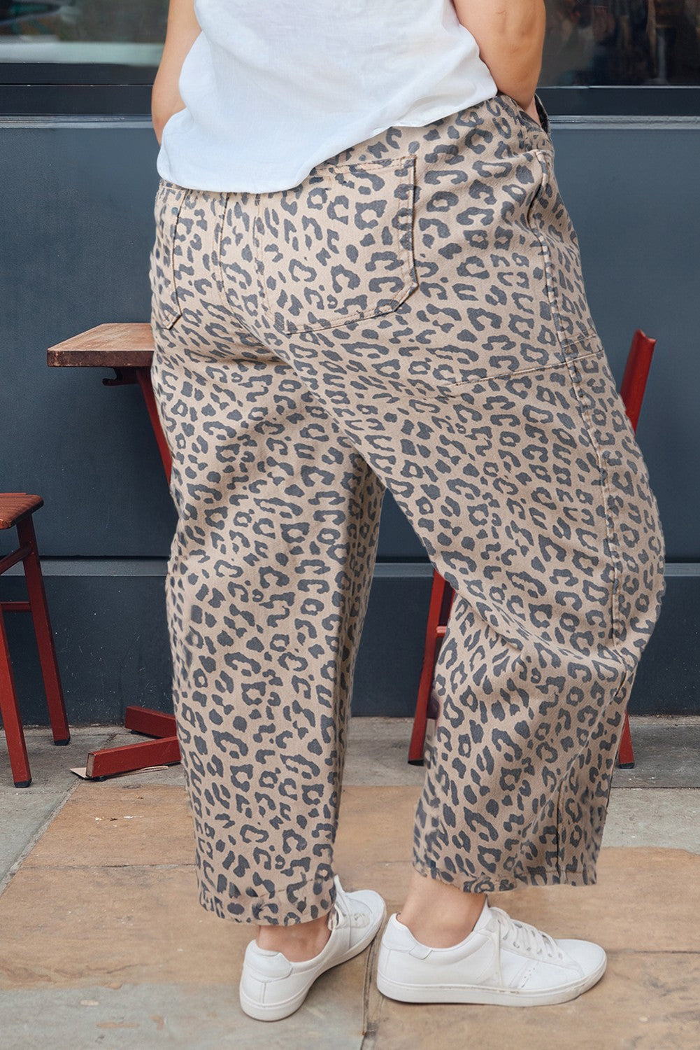 Leopard Drawstring Waist Pocketed Wide Leg Jeans