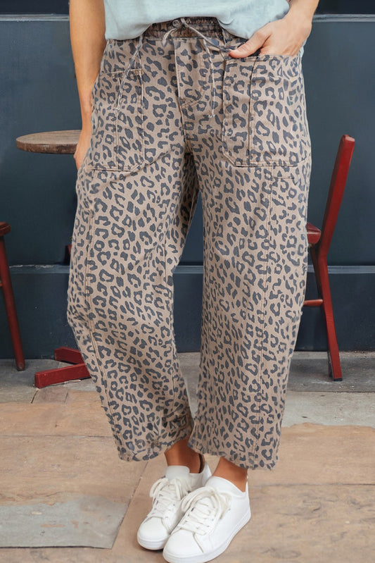 Leopard Drawstring Waist Pocketed Wide Leg Jeans