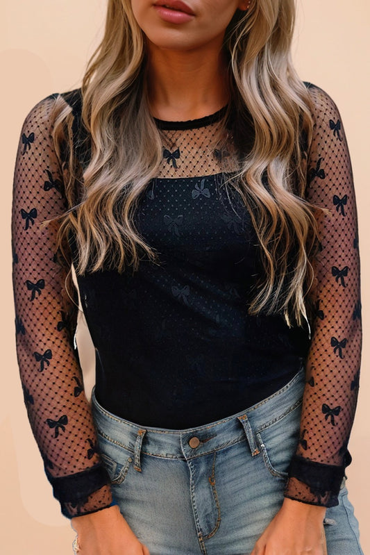 Bow Pattern Mesh Long Sleeve Top