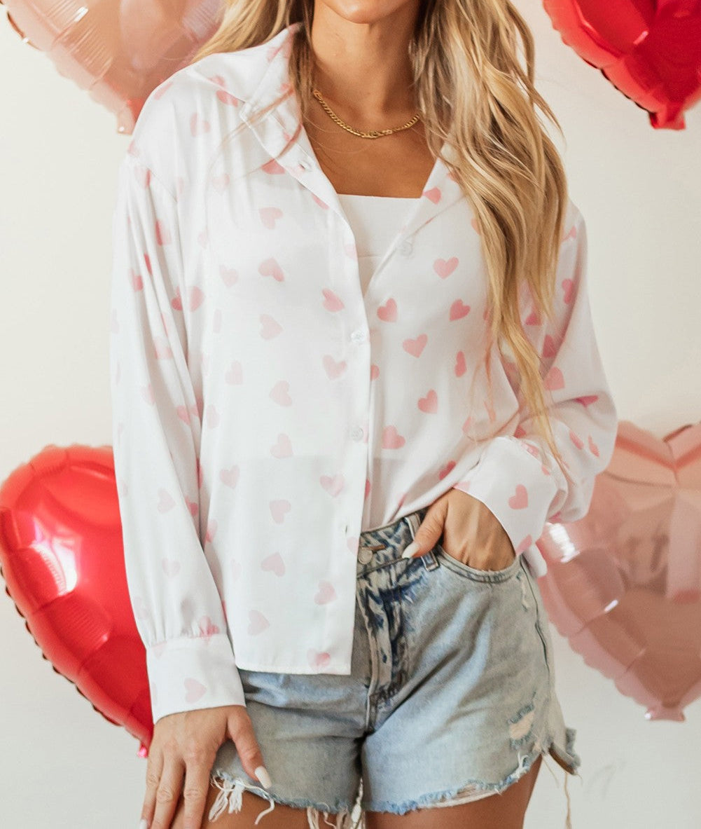 Love Heart Print Drop Shoulder Puff Sleeve Shirt