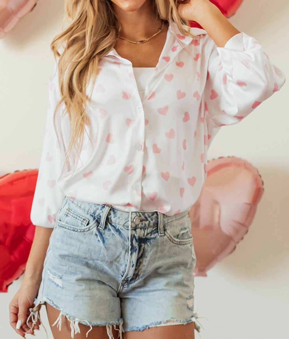 Love Heart Print Drop Shoulder Puff Sleeve Shirt