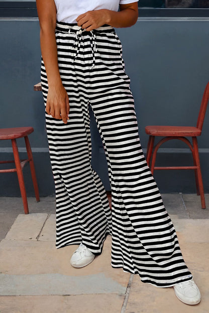 Stripe Lace-up Waist Casual Flared Pants