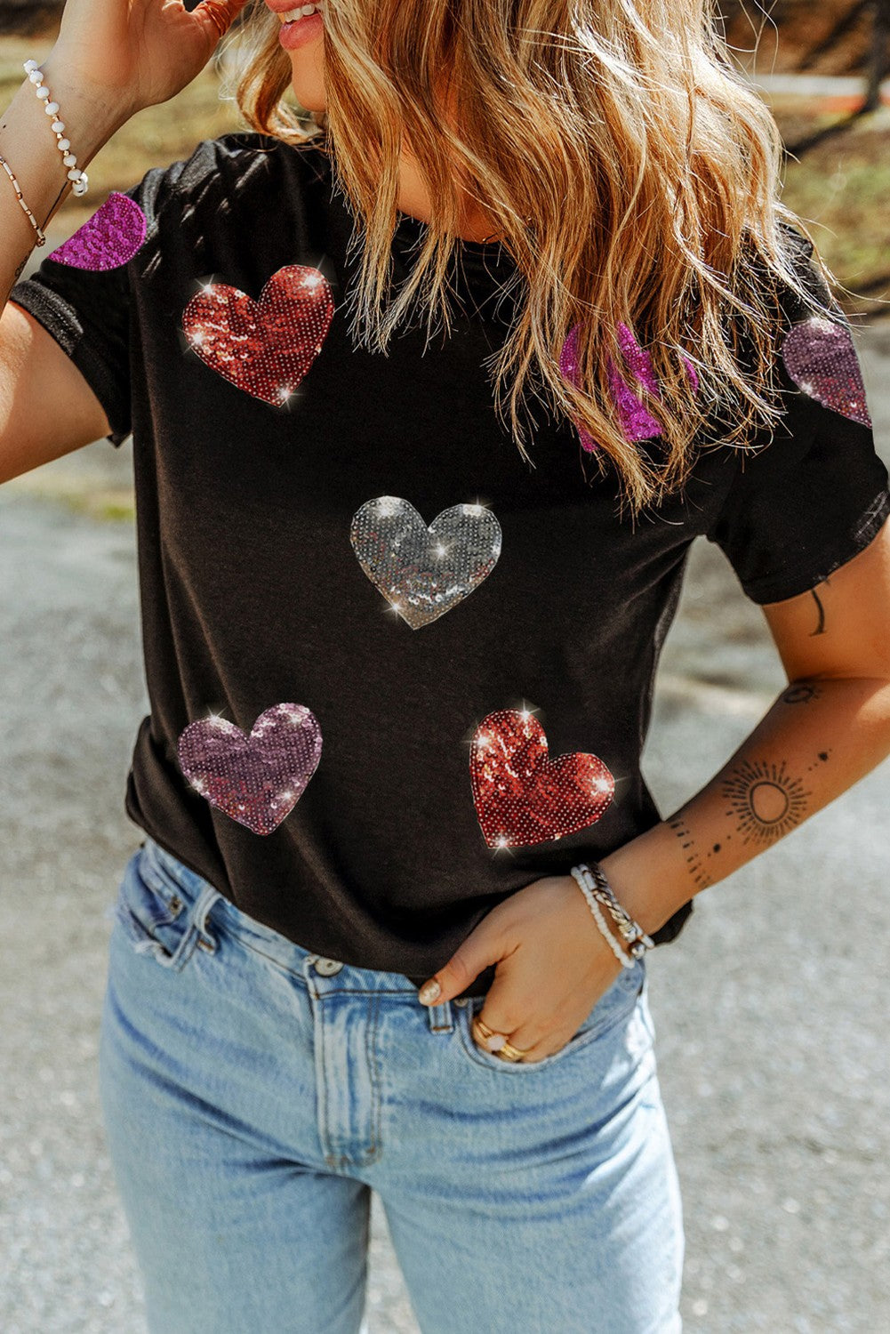 Sequin Heart Patched Crew Neck Valentines Tee