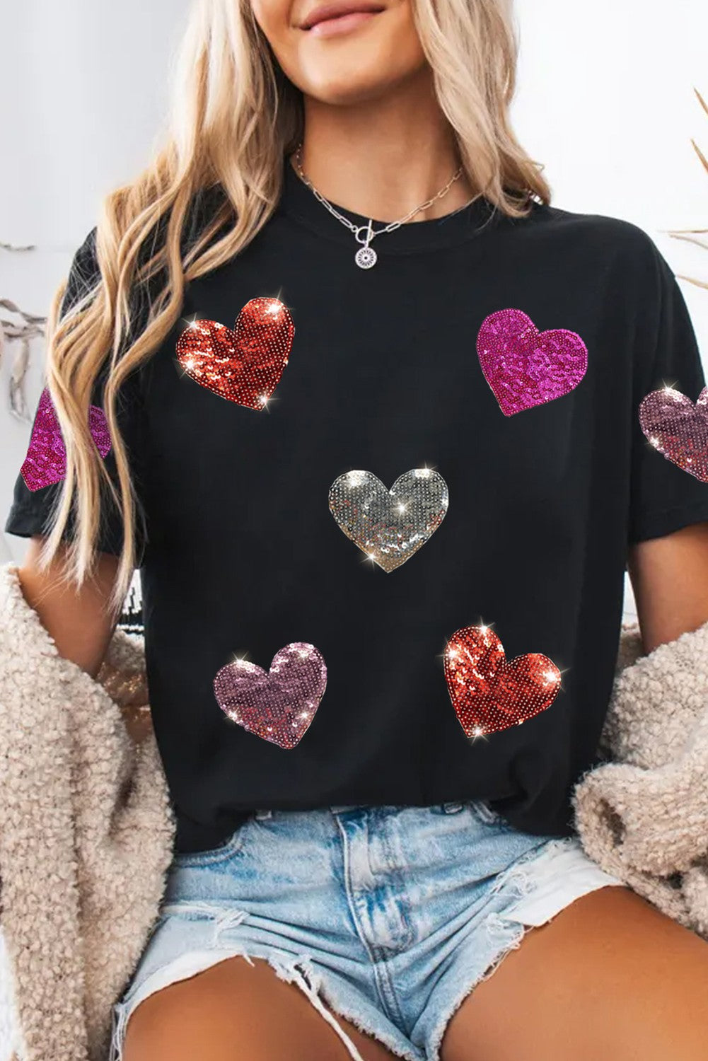 Sequin Heart Patched Crew Neck Valentines Tee