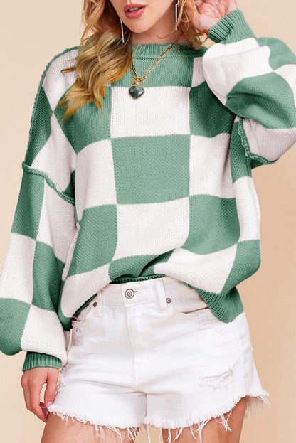 Colorblock Checkered Bishop Sleeve Sweater