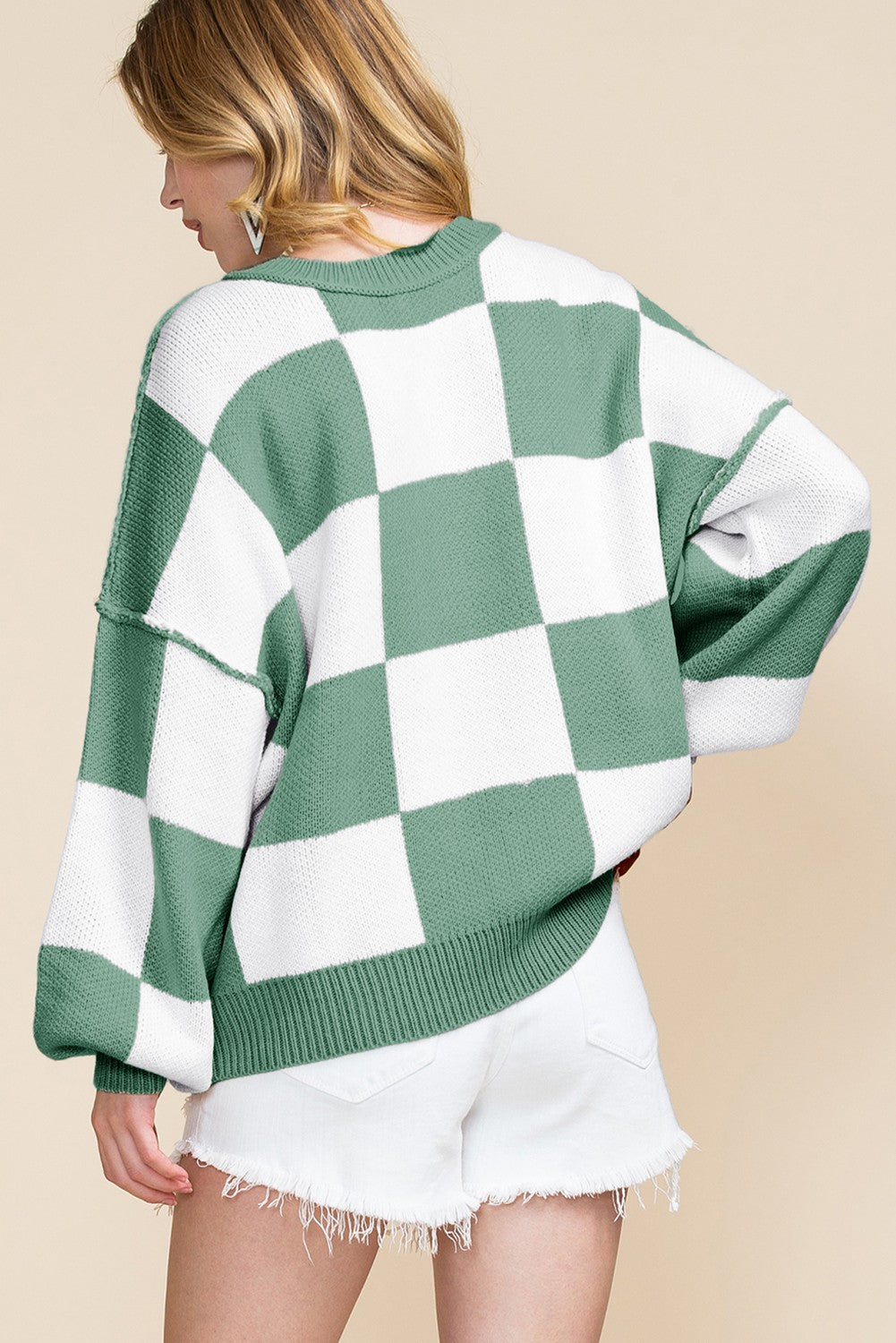 Colorblock Checkered Bishop Sleeve Sweater